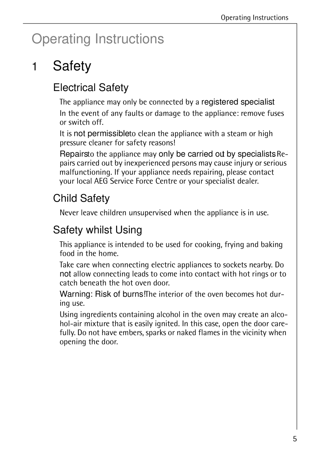 AEG E4100-1 manual Electrical Safety, Child Safety, Safety whilst Using 