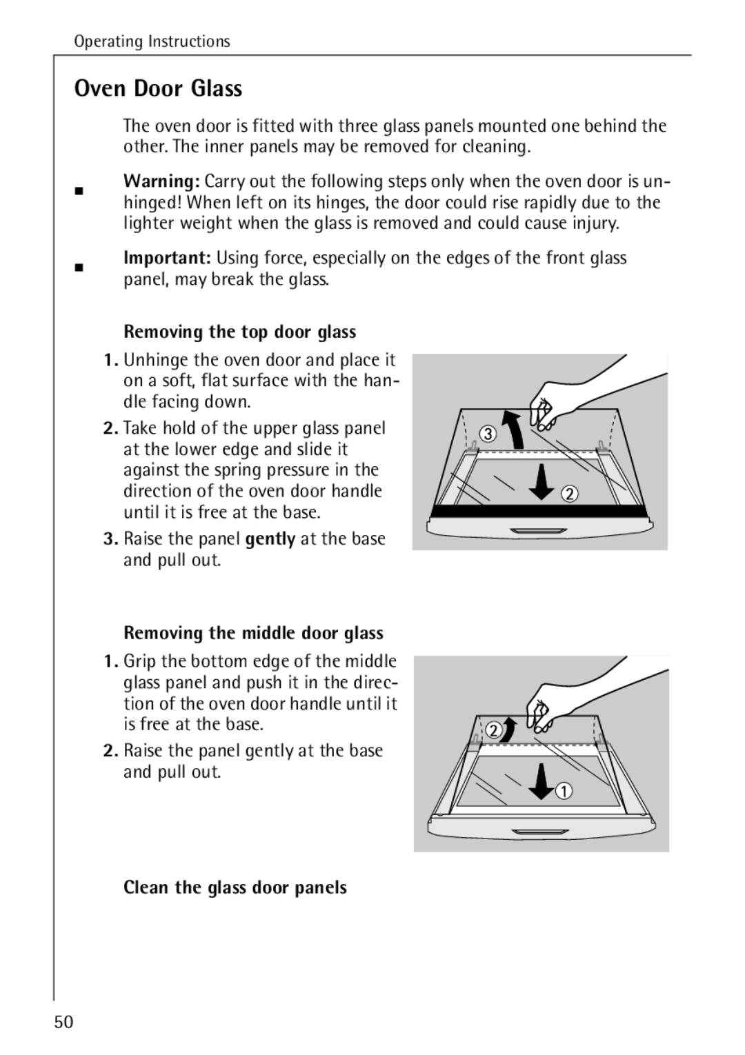 AEG E4100-1 Oven Door Glass, Removing the top door glass, Removing the middle door glass, Clean the glass door panels 