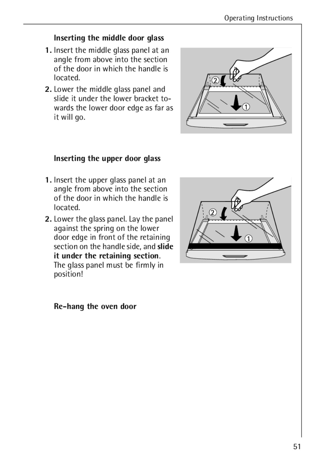 AEG E4100-1 manual Inserting the middle door glass, Inserting the upper door glass, Re-hang the oven door 