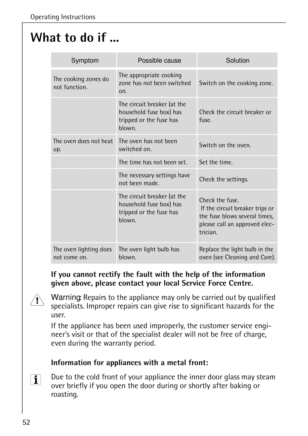 AEG E4100-1 What to do if, User, Even during the warranty period, Information for appliances with a metal front, Roasting 