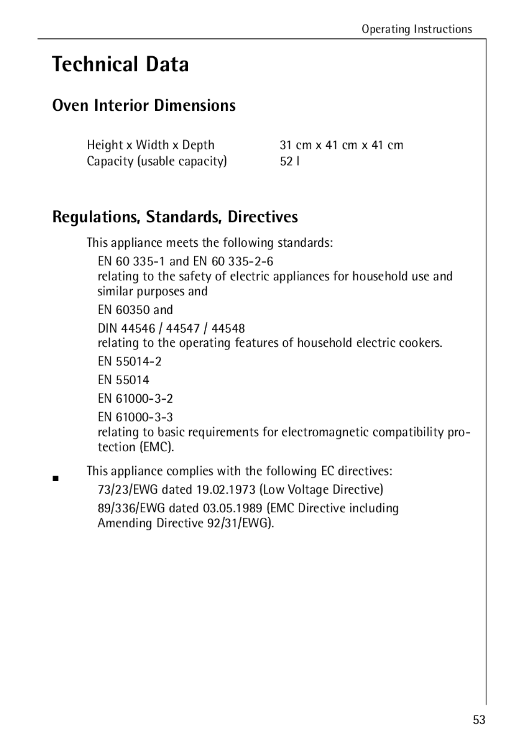 AEG E4100-1 manual Technical Data, Oven Interior Dimensions, Regulations, Standards, Directives, Height x Width x Depth 