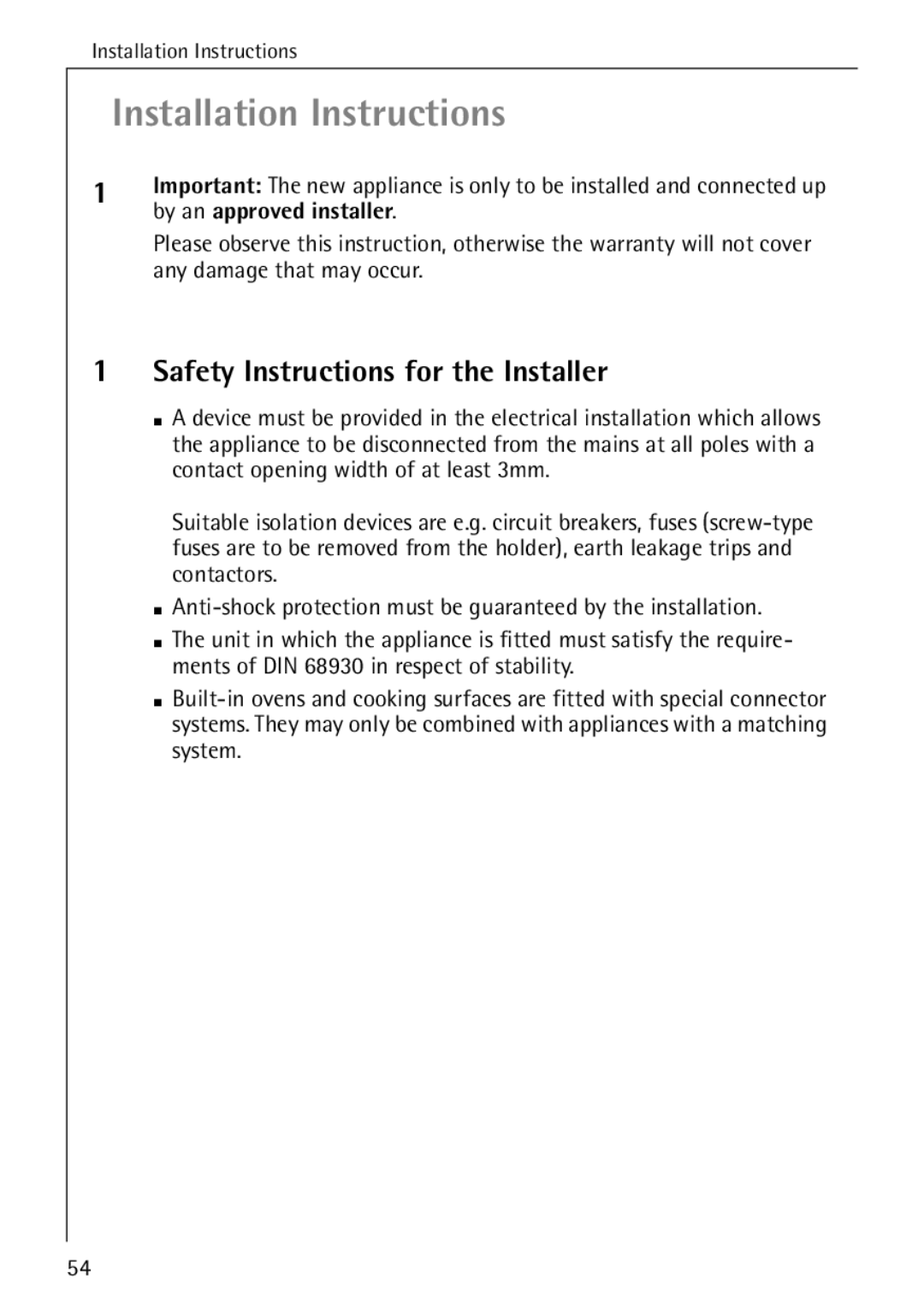 AEG E4100-1 manual Safety Instructions for the Installer, By an approved installer 