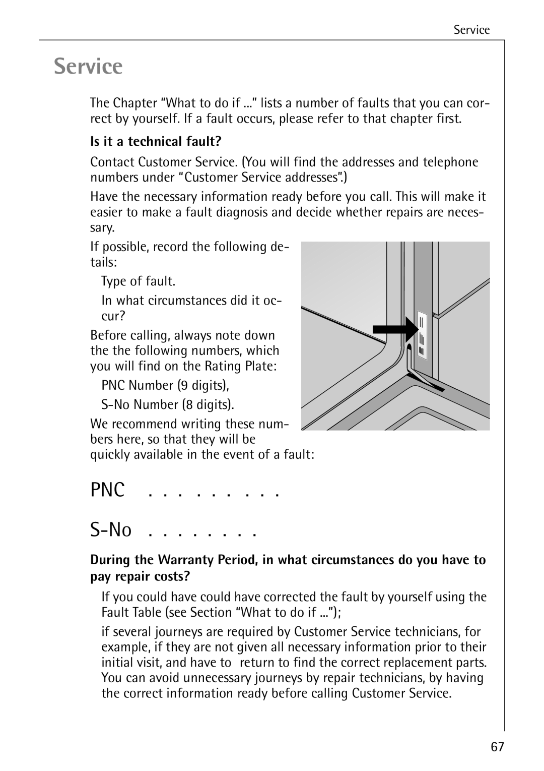 AEG E4100-1 Is it a technical fault?, PNC Number 9 digits No Number 8 digits, Quickly available in the event of a fault 