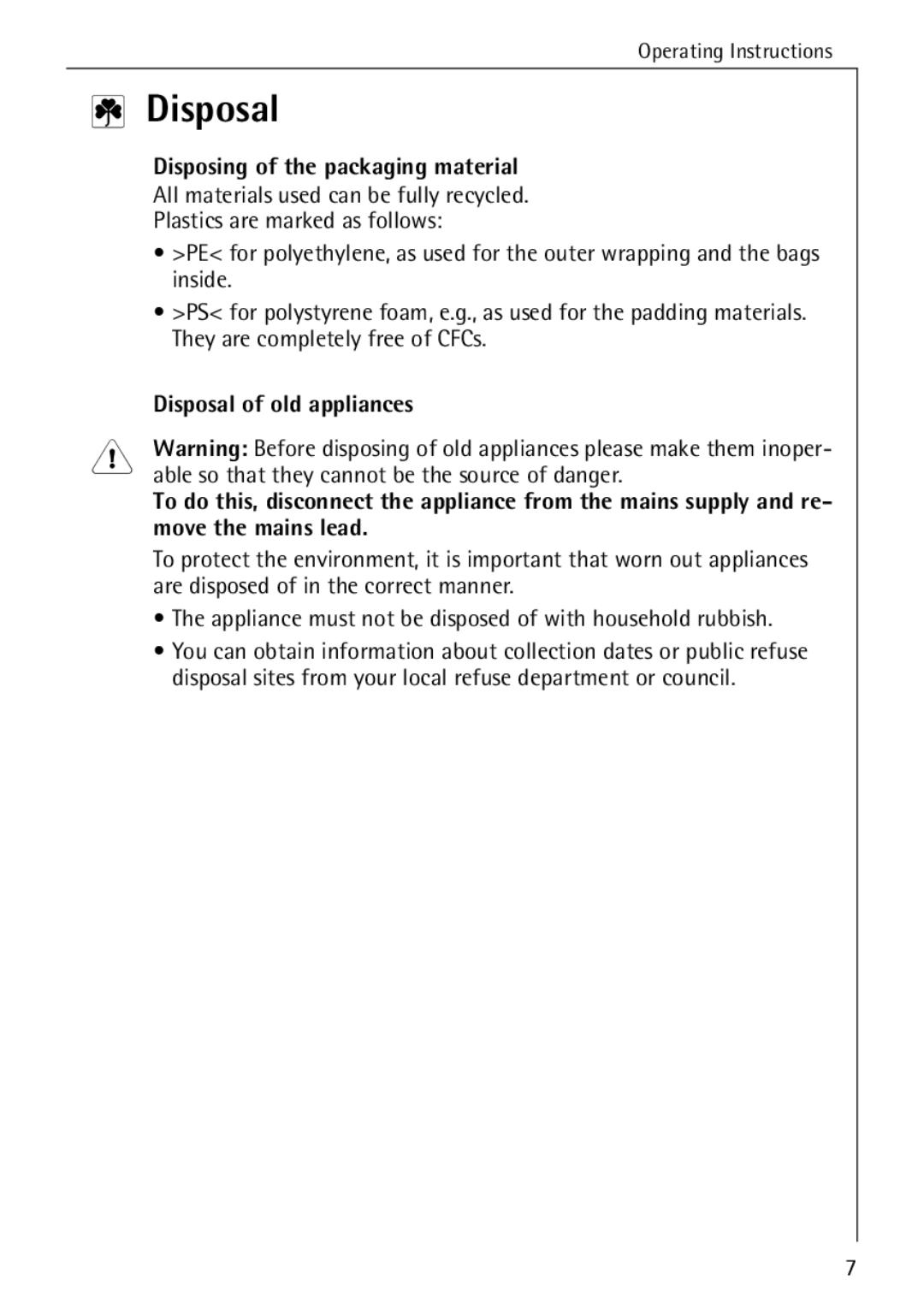 AEG E4100-1 manual Disposing of the packaging material, Disposal of old appliances 