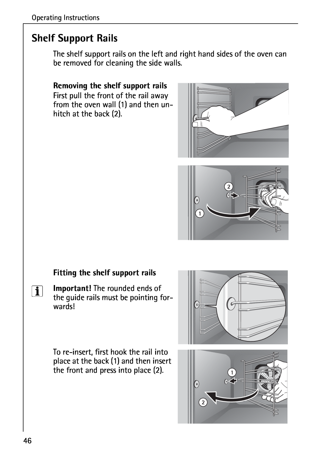 AEG E4100-1 manual Shelf Support Rails, Removing the shelf support rails, Fitting the shelf support rails 