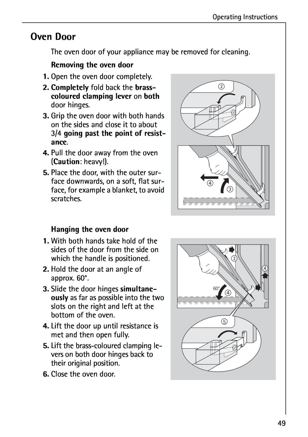 AEG E4100-1 manual Oven Door, Removing the oven door, Hanging the oven door 