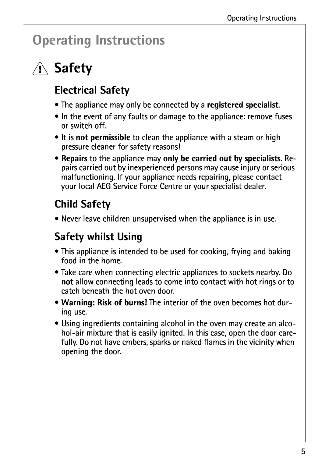 AEG E4100-1 manual Operating Instructions, 1Safety, Electrical Safety, Child Safety, Safety whilst Using 