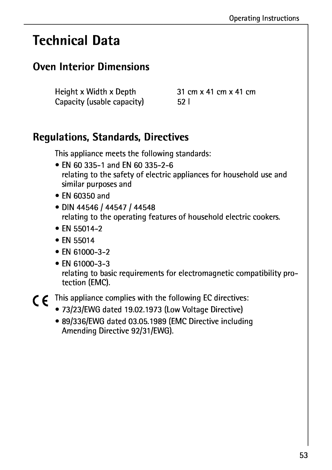 AEG E4100-1 manual Technical Data, Oven Interior Dimensions, Regulations, Standards, Directives 