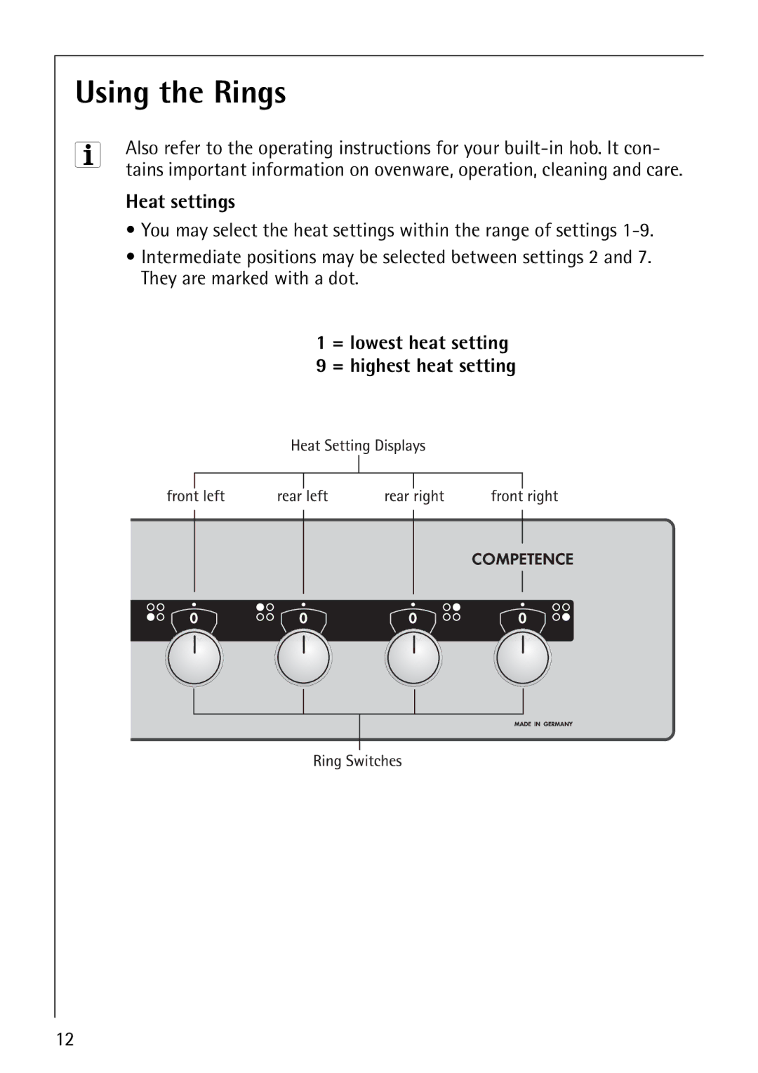 AEG E4130-1 manual Using the Rings, Heat settings, They are marked with a dot, = lowest heat setting = highest heat setting 