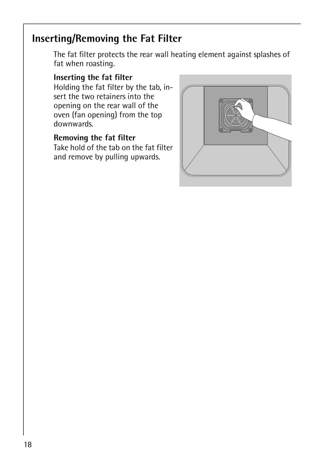 AEG E4130-1 manual Inserting/Removing the Fat Filter, Inserting the fat filter, Removing the fat filter 