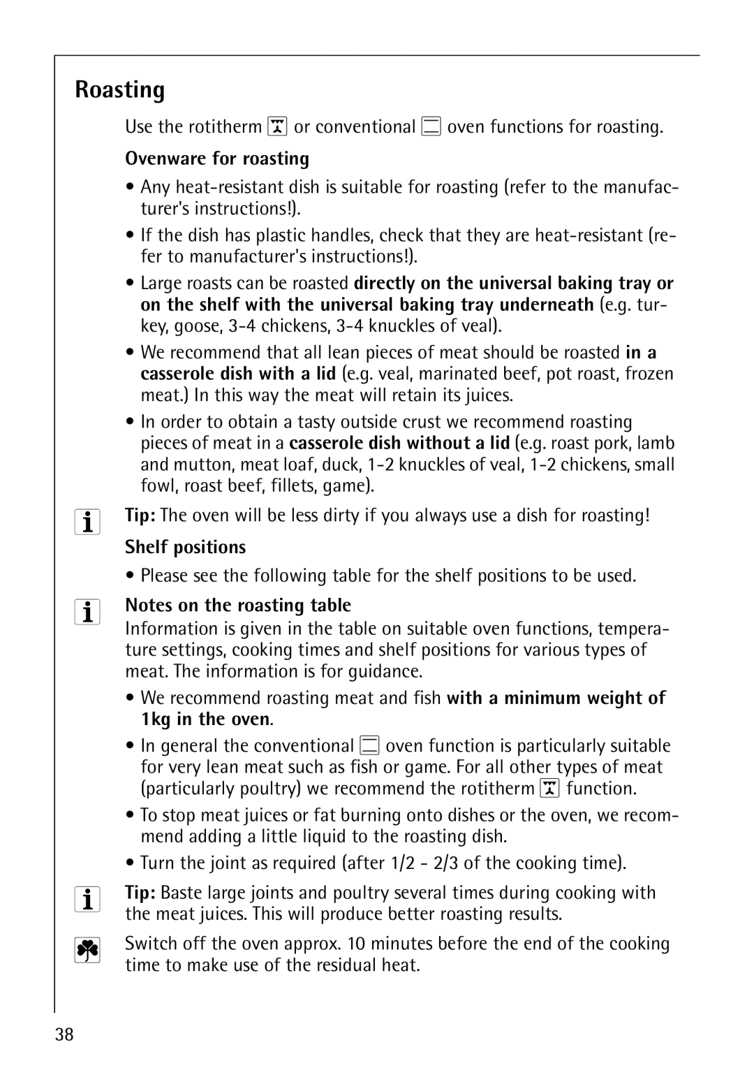 AEG E4130-1 manual Roasting, Ovenware for roasting 