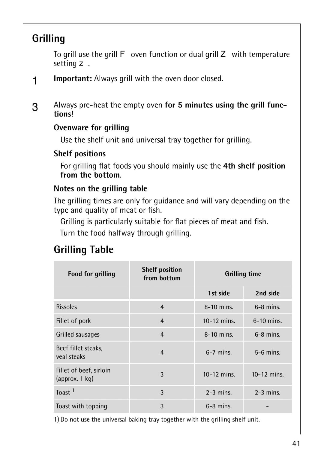 AEG E4130-1 manual Grilling Table, Tions, Use the shelf unit and universal tray together for grilling, From the bottom 