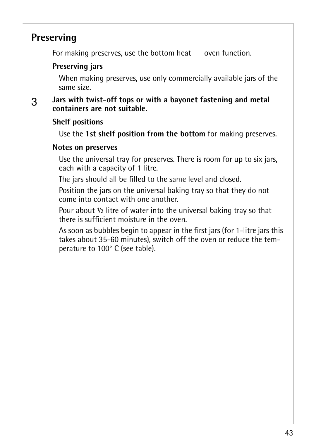 AEG E4130-1 manual For making preserves, use the bottom heat Ü oven function, Preserving jars, Same size 