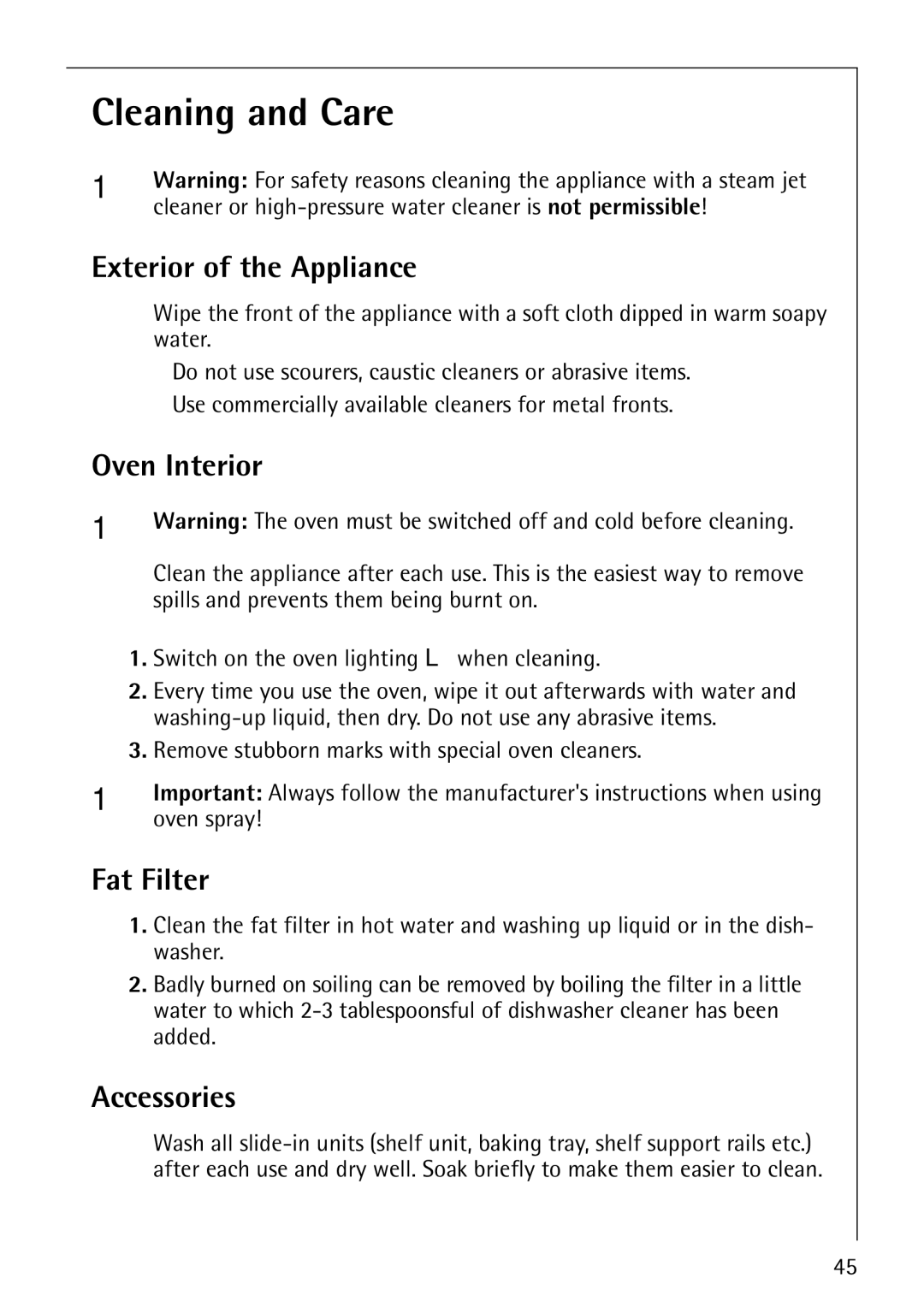 AEG E4130-1 manual Cleaning and Care, Exterior of the Appliance, Oven Interior, Fat Filter, Accessories 