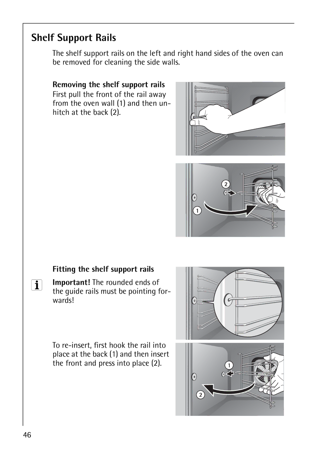 AEG E4130-1 manual Shelf Support Rails, Removing the shelf support rails, Fitting the shelf support rails, Wards 