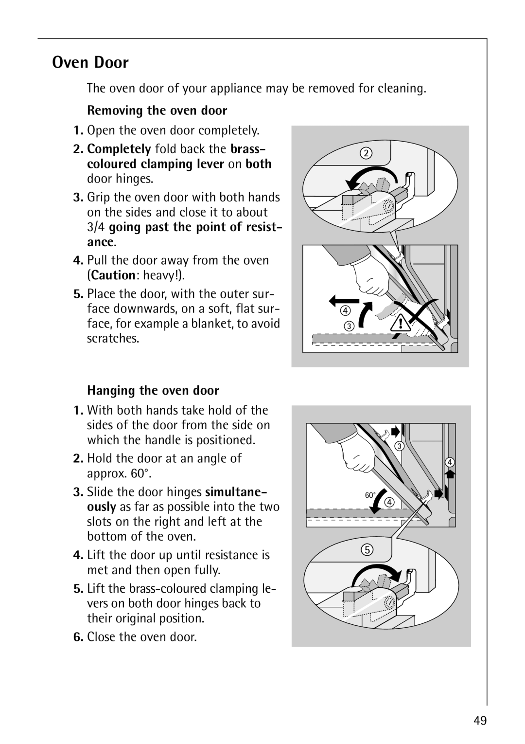 AEG E4130-1 manual Oven Door, Removing the oven door, Hanging the oven door 