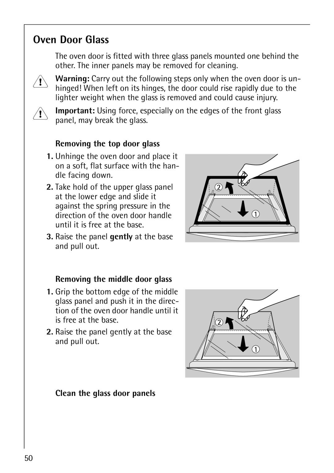 AEG E4130-1 Oven Door Glass, Removing the top door glass, Removing the middle door glass, Clean the glass door panels 