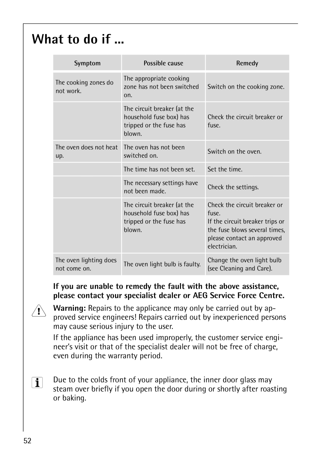 AEG E4130-1 manual What to do if, May cause serious injury to the user, Even during the warranty period, Or baking 