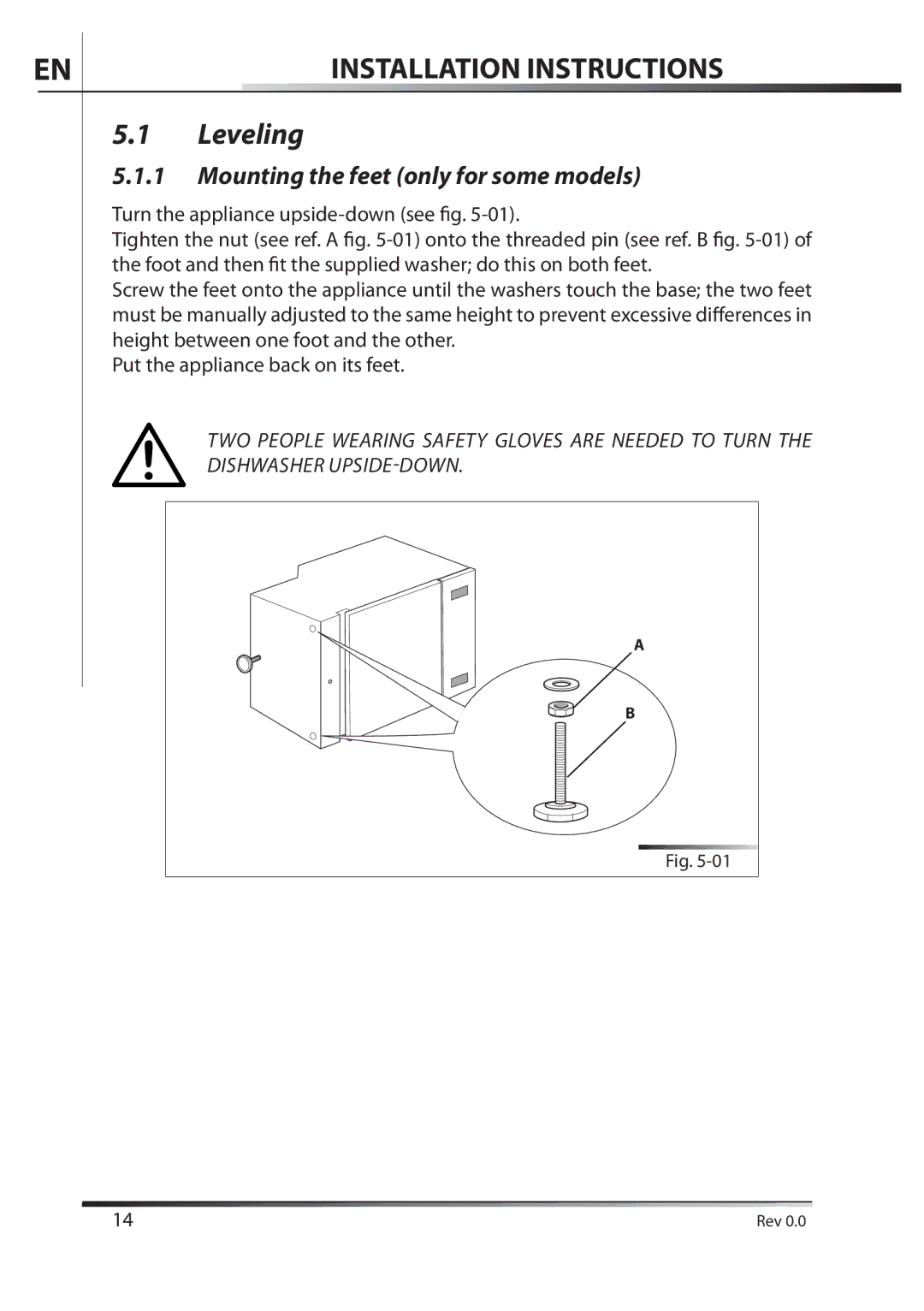 AEG F89078VI-M user manual Leveling, Mounting the feet only for some models 