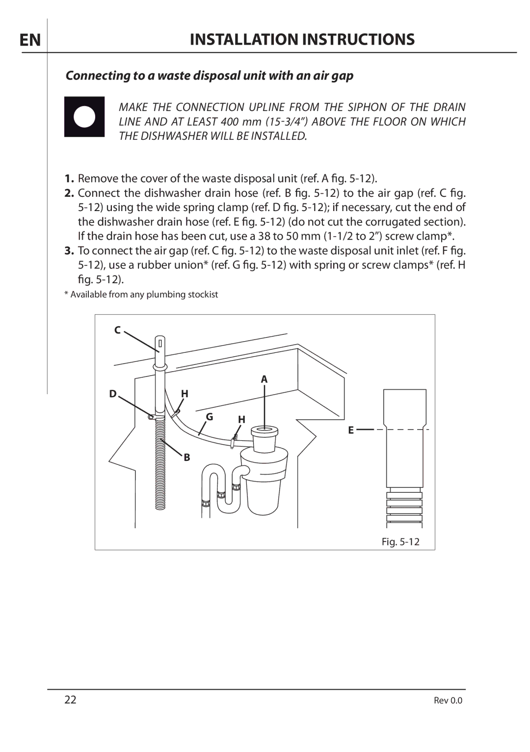 AEG F89078VI-M Connecting to a waste disposal unit with an air gap, Remove the cover of the waste disposal unit ref. a fig 