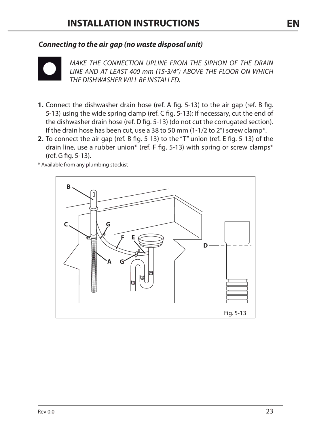 AEG F89078VI-M user manual Connecting to the air gap no waste disposal unit 