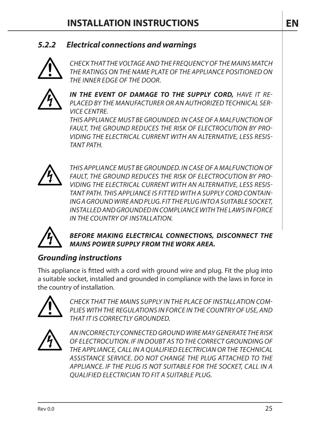 AEG F89078VI-M user manual Electrical connections and warnings, Grounding instructions 