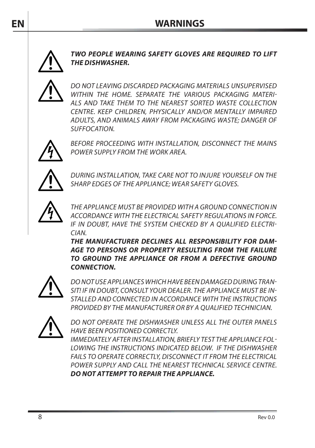 AEG F89078VI-M user manual Do not Attempt to Repair the Appliance 