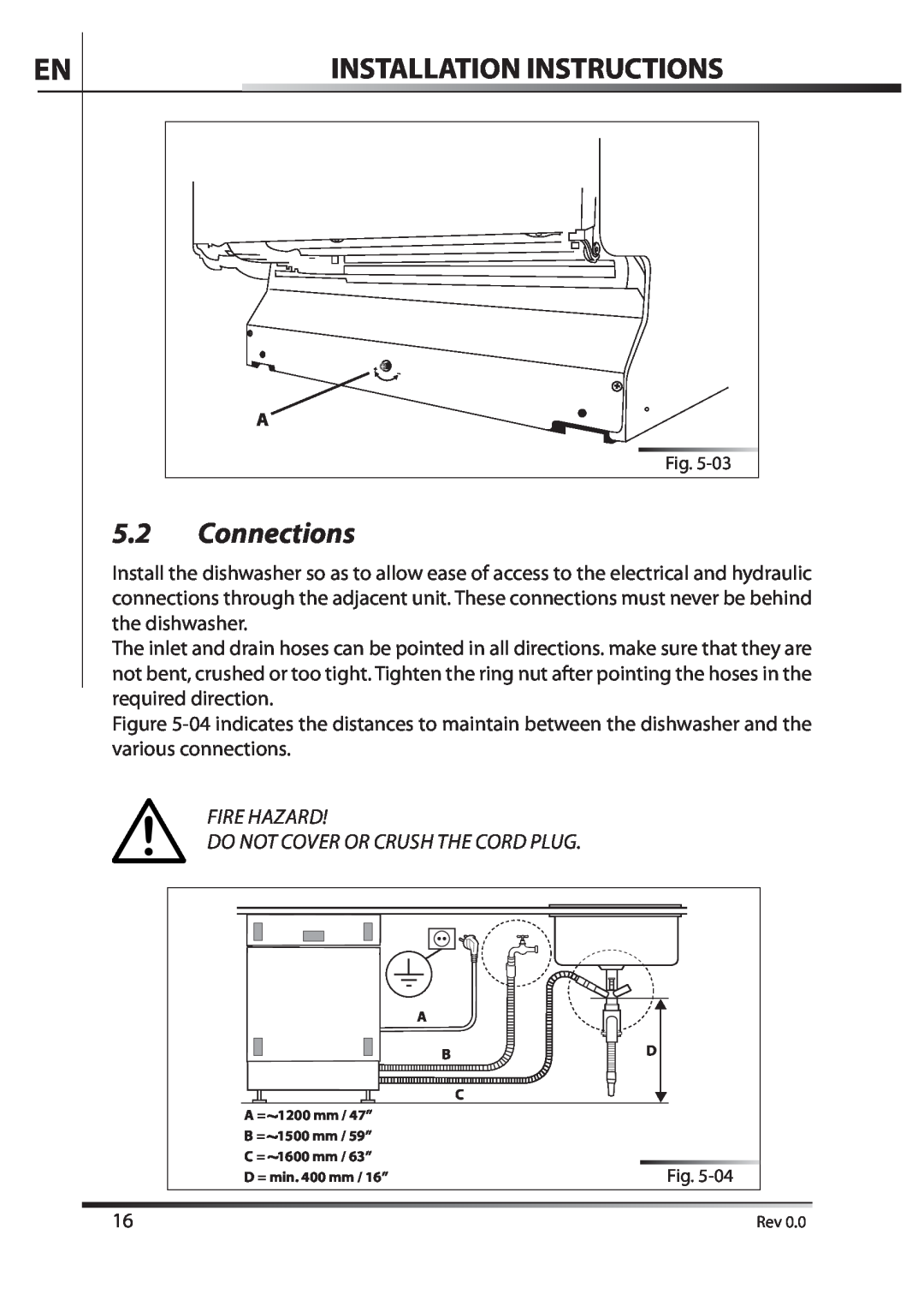 AEG F89078VI-M user manual Connections, Installation Instructions, Fire Hazard Do Not Cover Or Crush The Cord Plug 