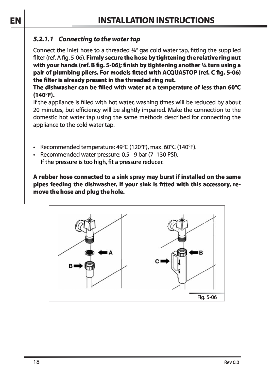 AEG F89078VI-M Installation Instructions, Connecting to the water tap, Recommended temperature 49C 120F, max. 60C 140F 