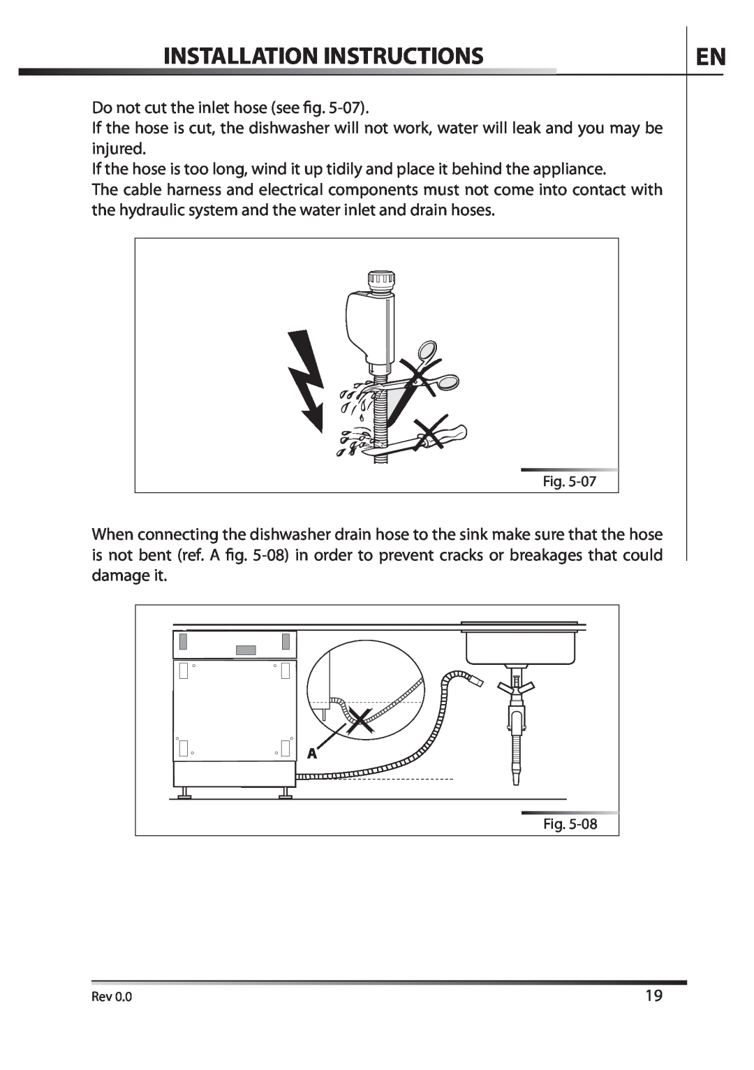 AEG F89078VI-M user manual Installation Instructions, Do not cut the inlet hose see fig 