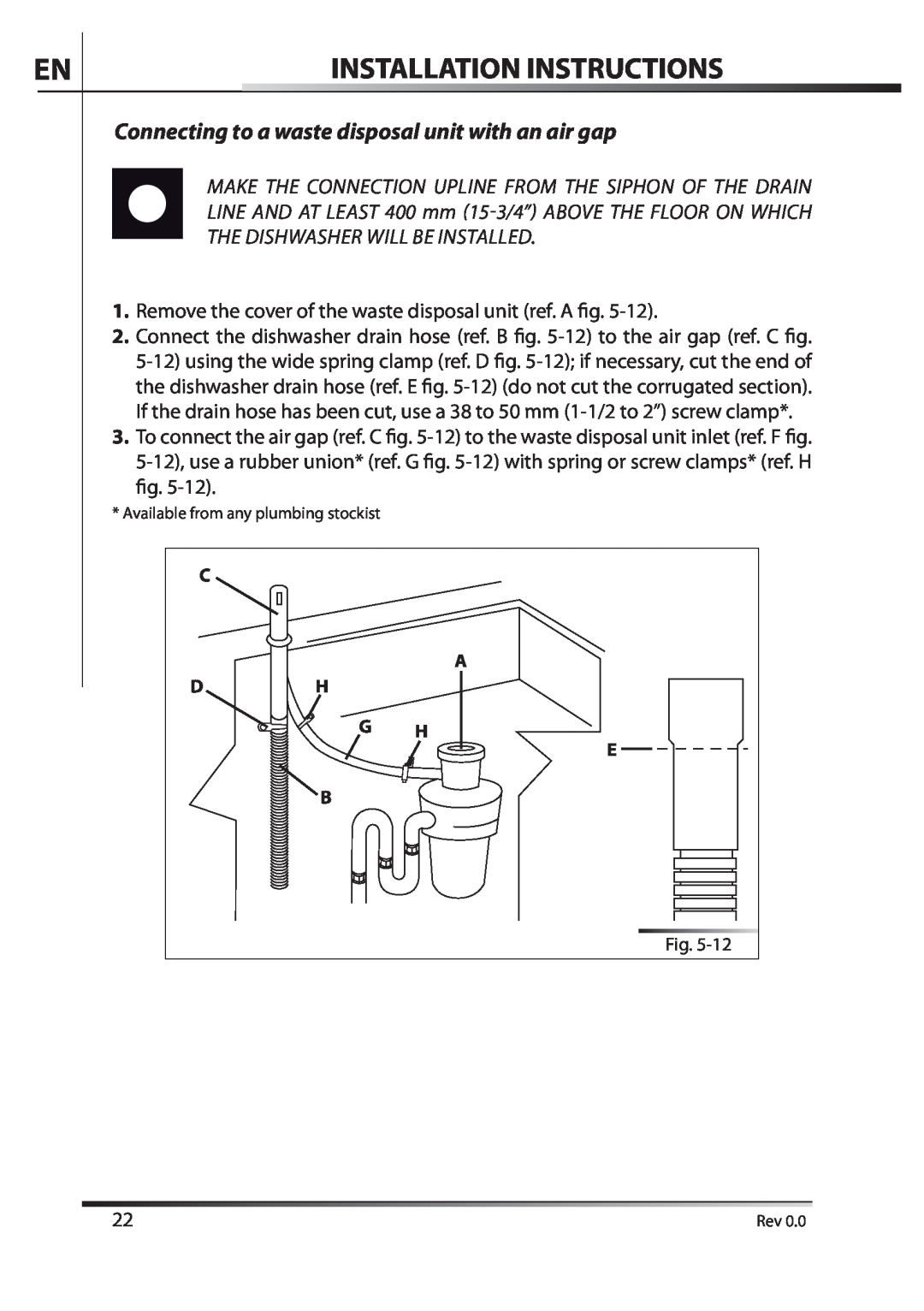 AEG F89078VI-M user manual Installation Instructions, Connecting to a waste disposal unit with an air gap 