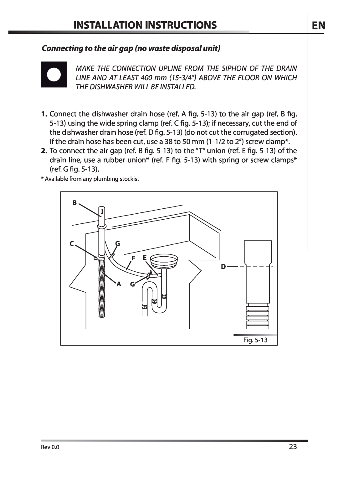 AEG F89078VI-M user manual Installation Instructions, Connecting to the air gap no waste disposal unit 