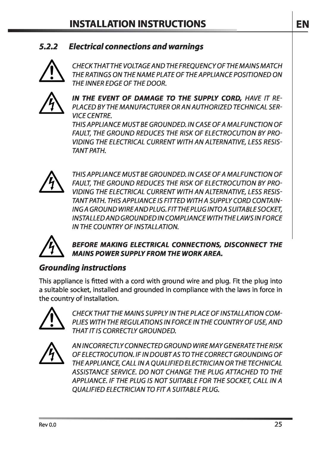 AEG F89078VI-M user manual Electrical connections and warnings, Grounding instructions, Installation Instructions 