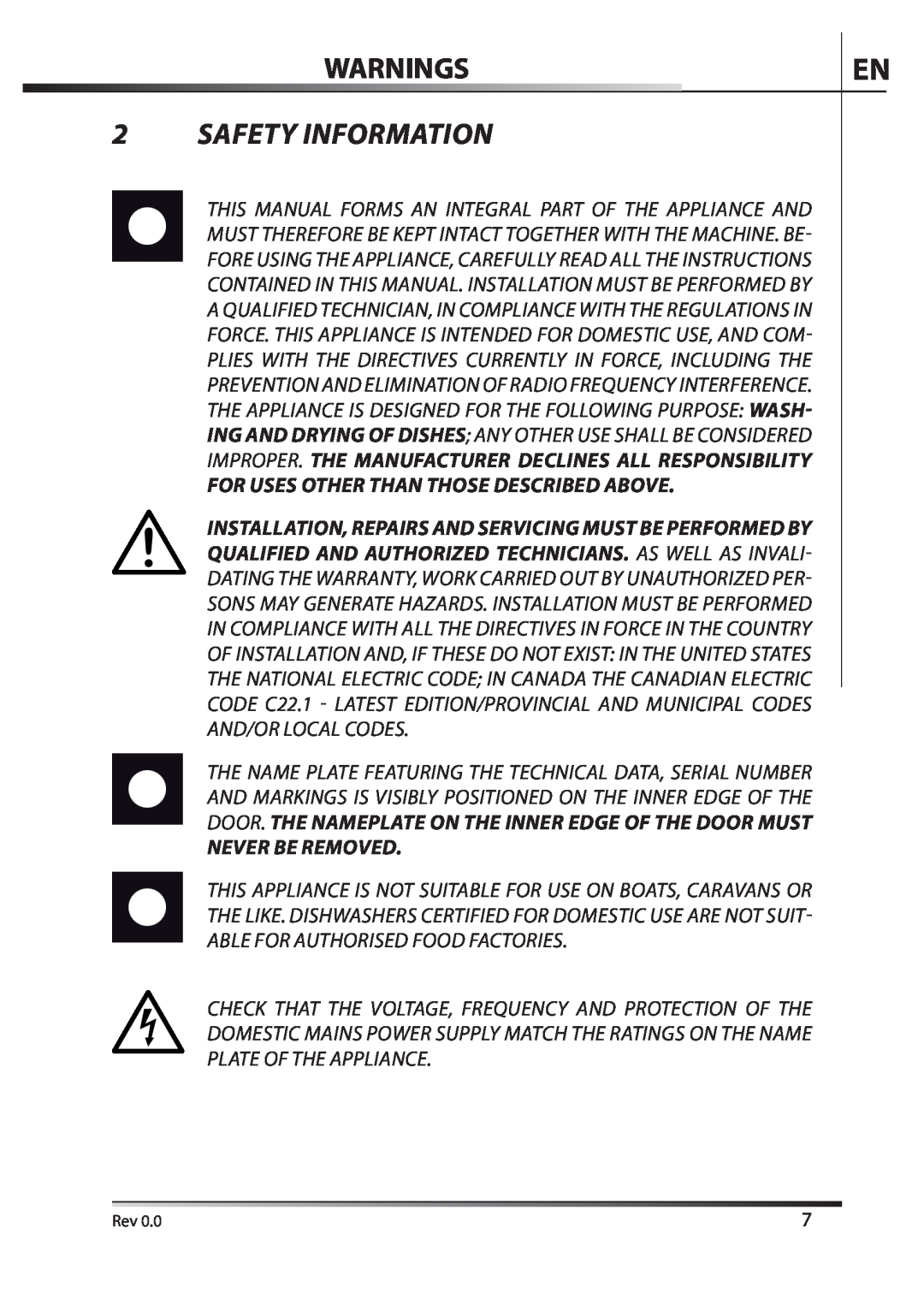 AEG F89078VI-M user manual Warnings, Safety Information, For Uses Other Than Those Described Above, Never Be Removed 