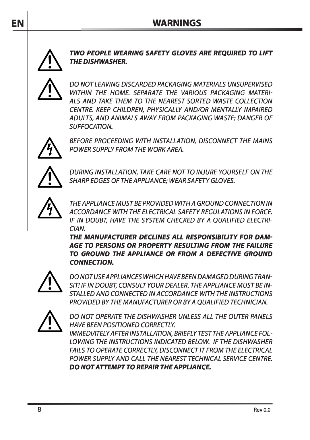 AEG F89078VI-M user manual Warnings, Two People Wearing Safety Gloves Are Required To Lift The Dishwasher 
