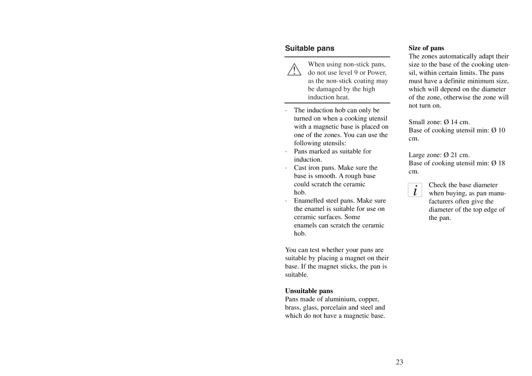 AEG FM 4803K-AN manual Suitable pans, Unsuitable pans, Size of pans 