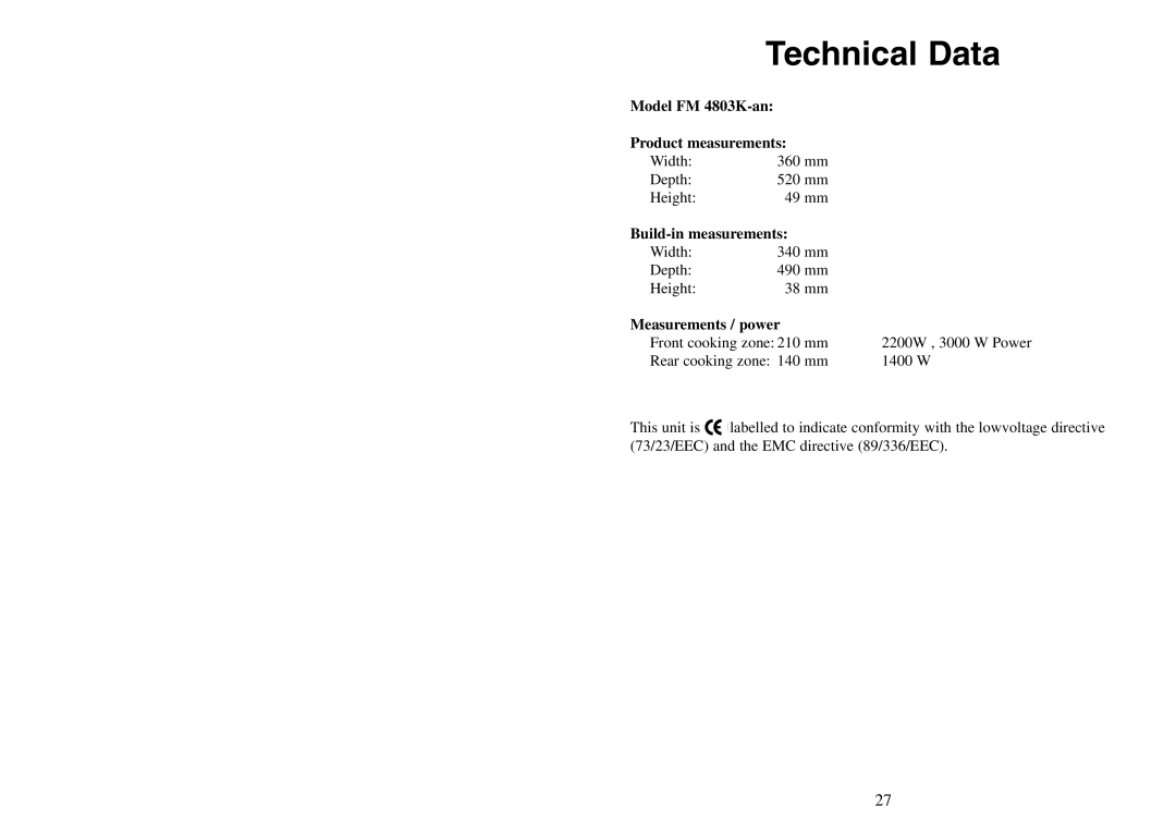 AEG FM 4803K-AN manual Technical Data, Model FM 4803K-an Product measurements, Build-in measurements, Measurements / power 