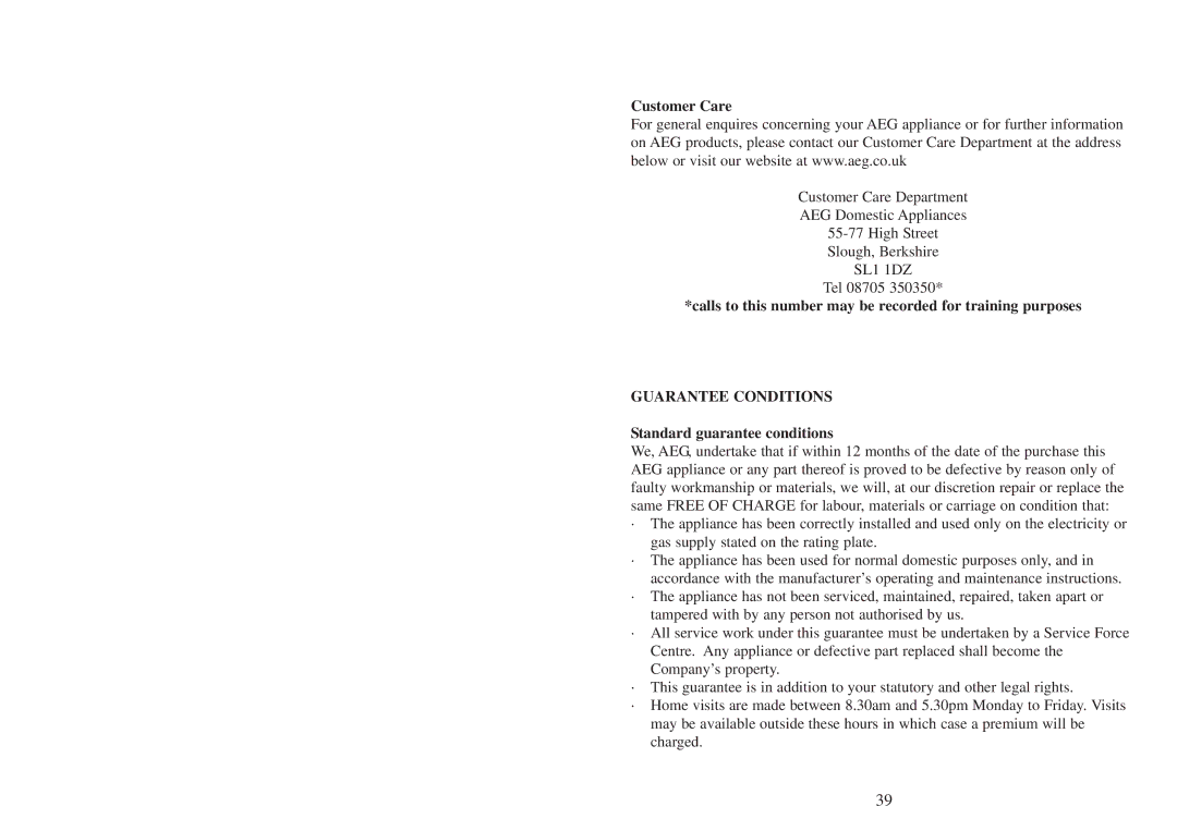 AEG FM 4803K-AN Customer Care, Calls to this number may be recorded for training purposes, Standard guarantee conditions 