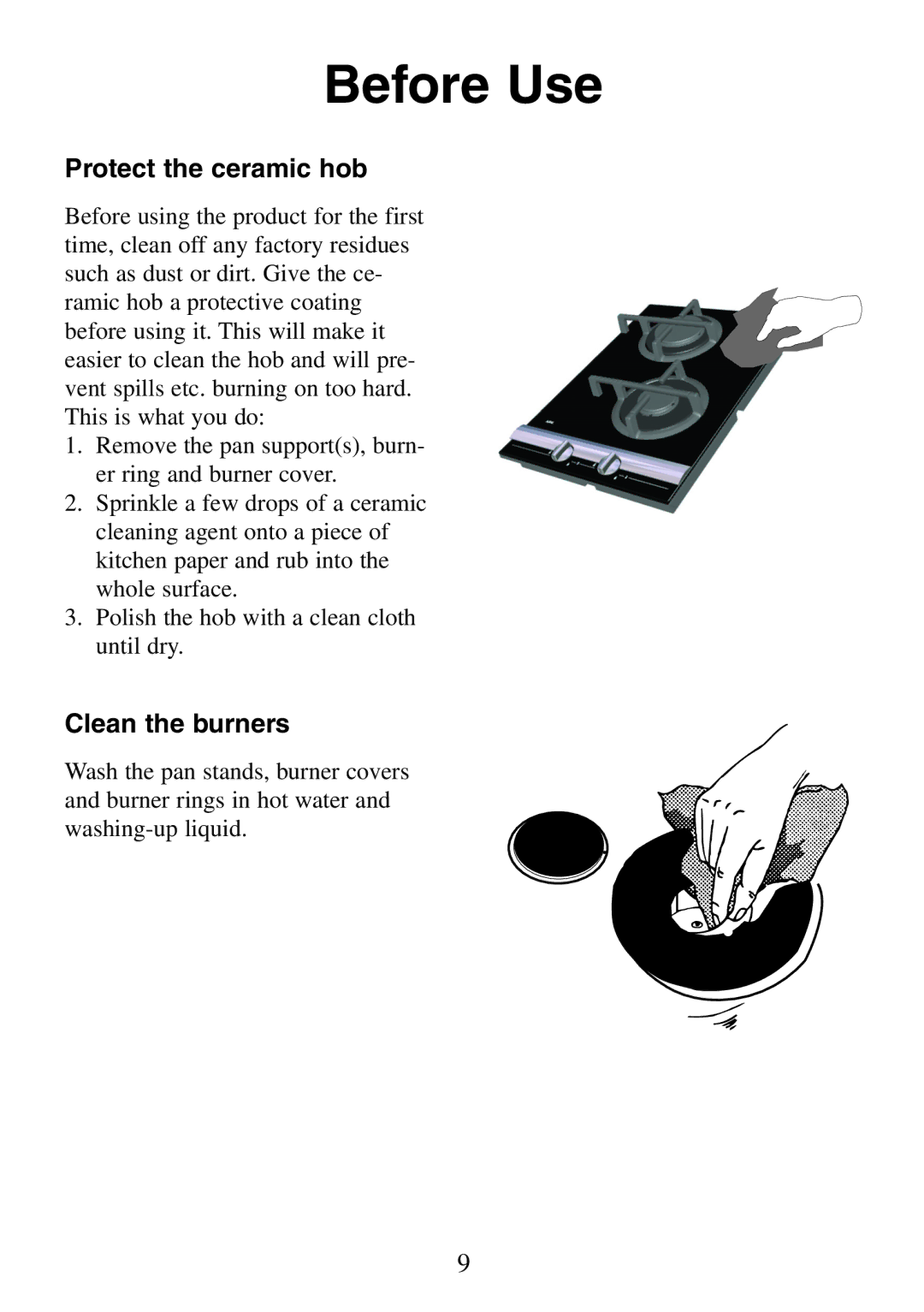 AEG FM 6300G-AN manual Before Use, Protect the ceramic hob, Clean the burners 