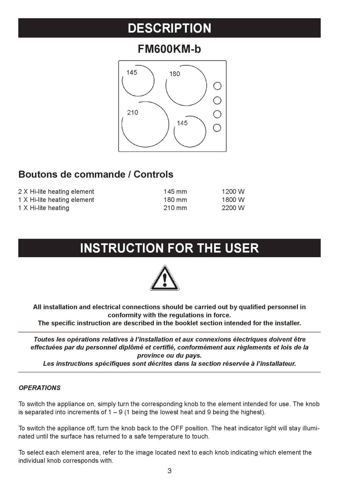 AEG FM600KM-B user manual Description, Instruction for the User, Operations 