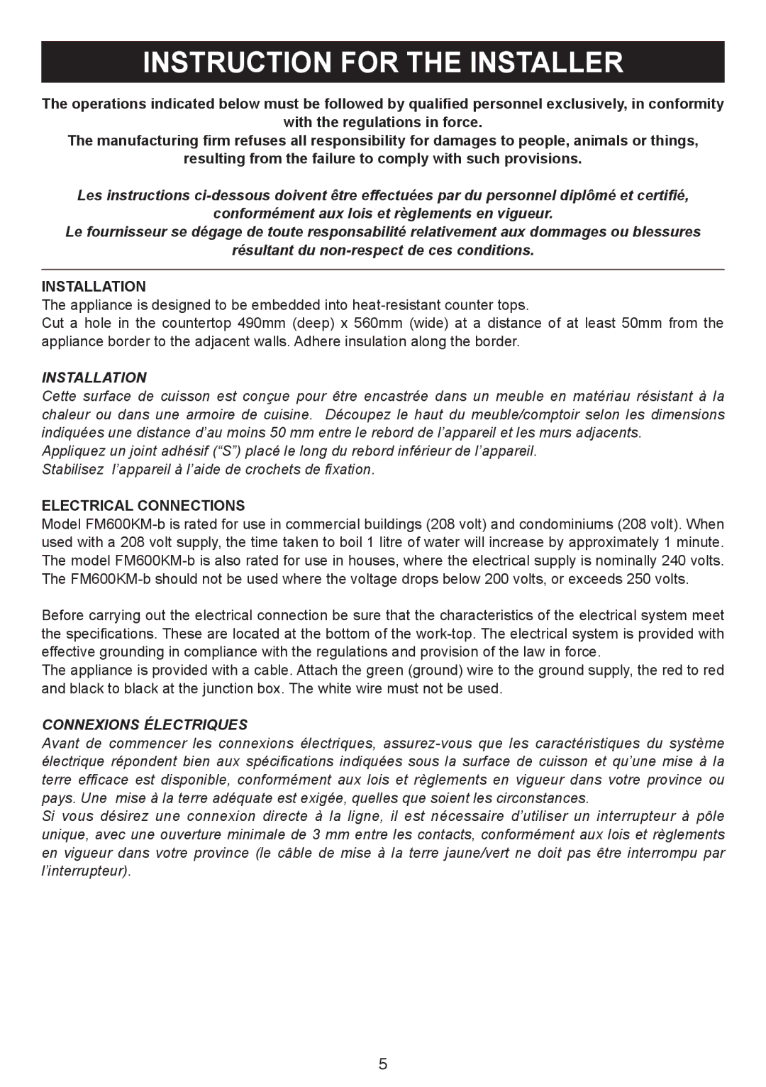 AEG FM600KM-B user manual Instruction for the Installer, Installation, Connexions Électriques 