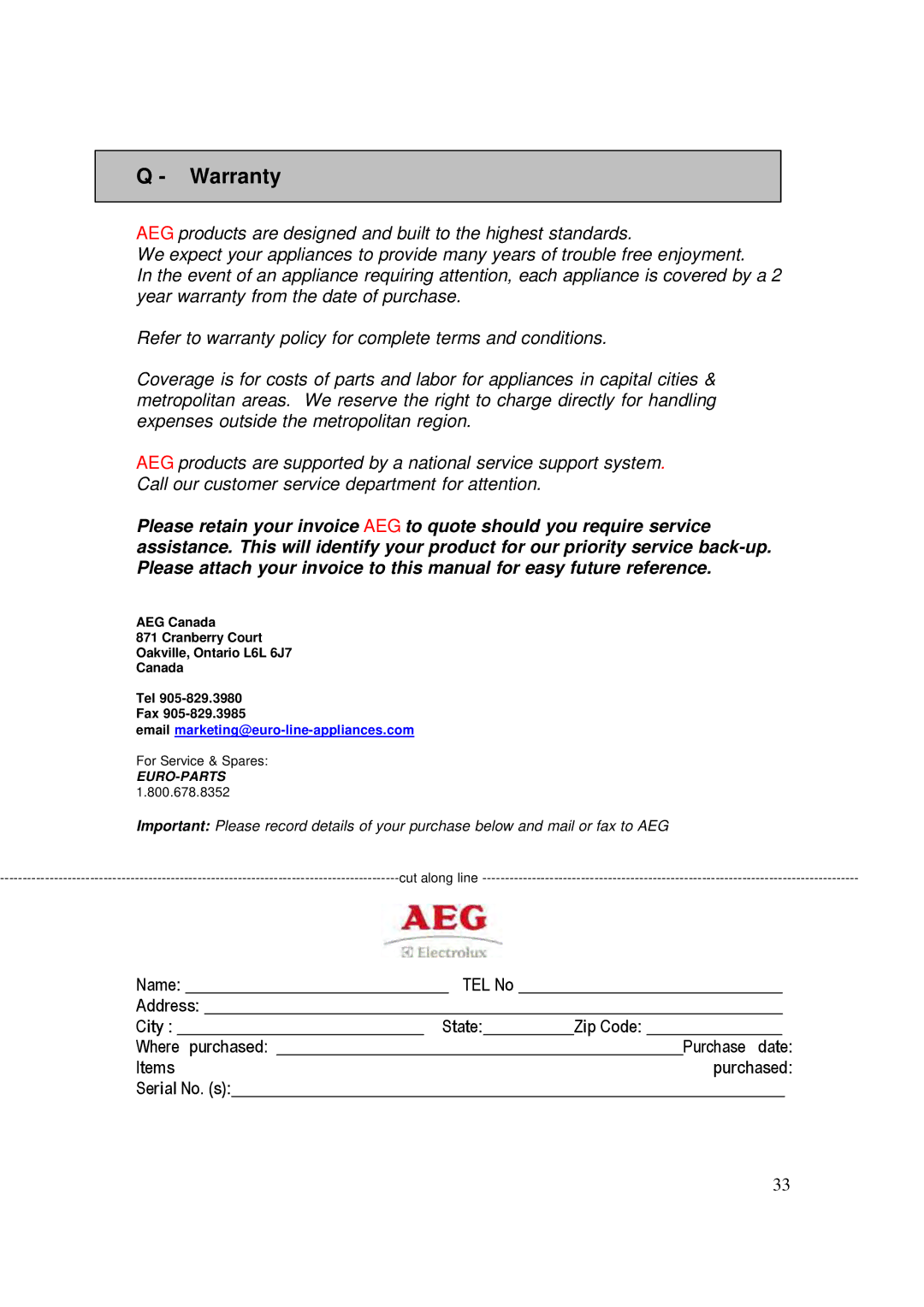 AEG FM600KM-B user manual Warranty, Euro-Parts 