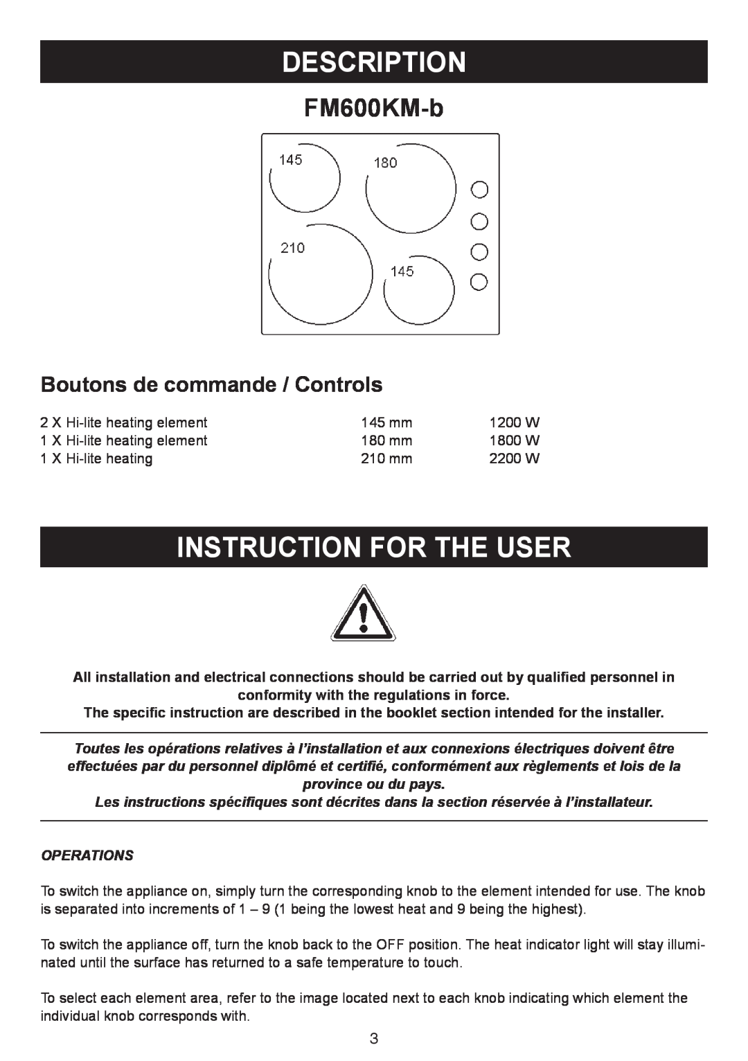 AEG FM600KM-B user manual Description, Instruction For The User, FM600KM-b, Boutons de commande / Controls 