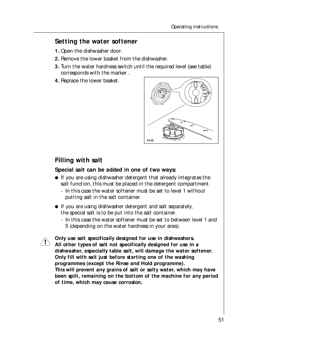 AEG G 330 manual Setting the water softener, Filling with salt, Special salt can be added in one of two ways 