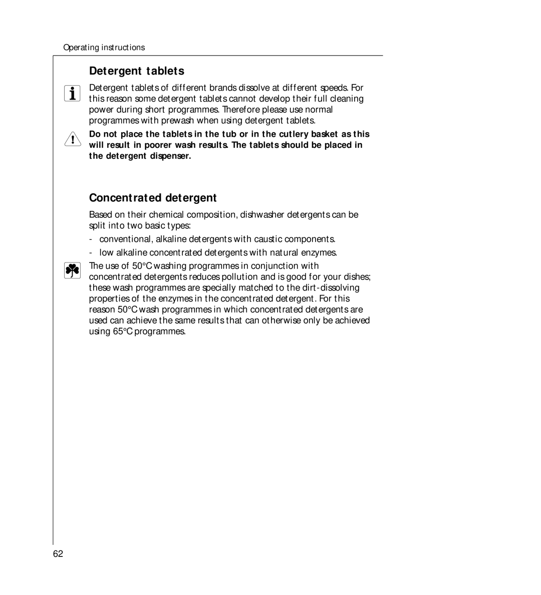 AEG G 330 manual Detergent tablets, Concentrated detergent 