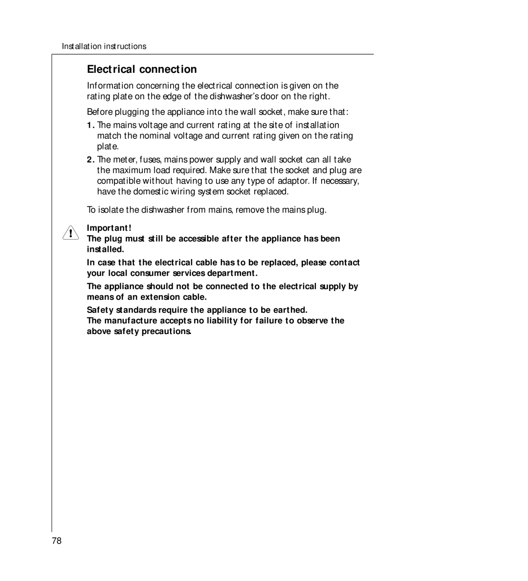 AEG G 330 manual Electrical connection 