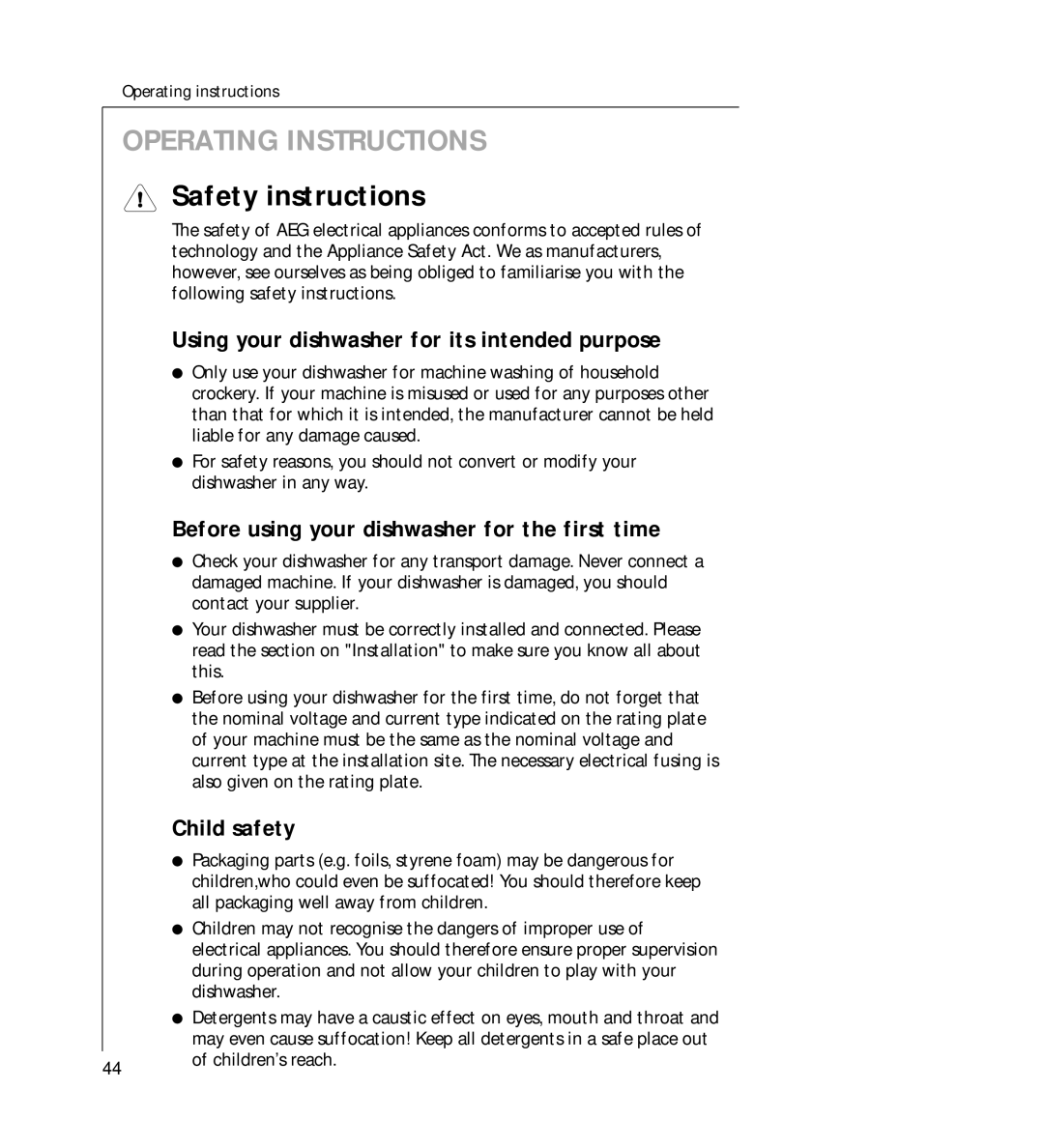 AEG G 330 manual Safety instructions, Using your dishwasher for its intended purpose, Child safety 