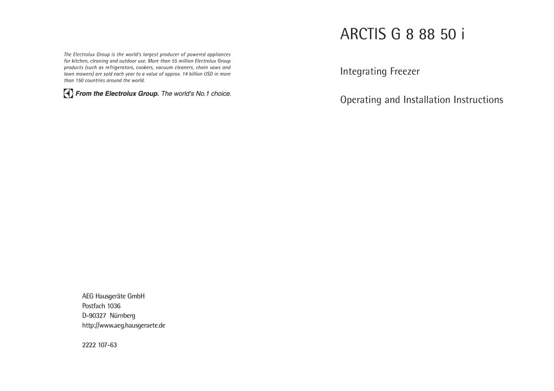 AEG G 8 88 50 I installation instructions Arctis G 8 88 50, AEG Hausgeräte GmbH Postfach 90327 Nürnberg 2222 