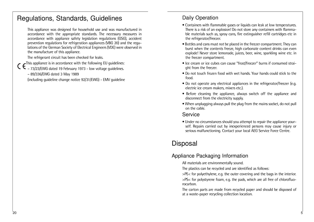 AEG G 8 88 50 I Regulations, Standards, Guidelines, Disposal, Daily Operation, Service, Appliance Packaging Information 