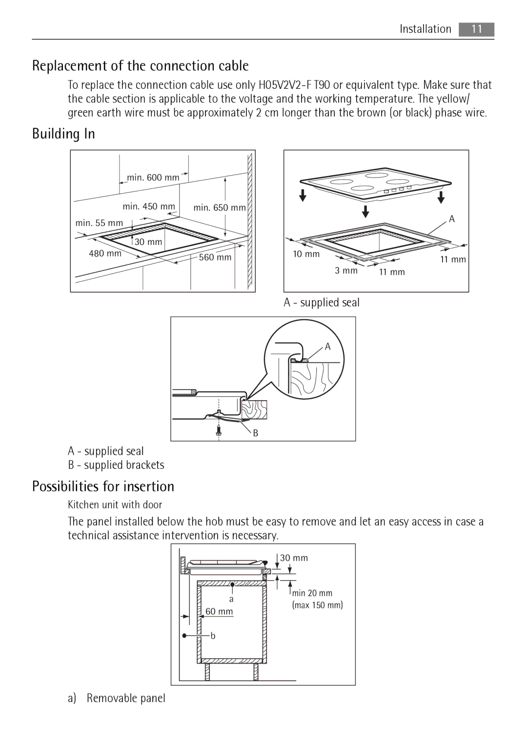 AEG HG654320NM user manual Replacement of the connection cable, Building, Possibilities for insertion 